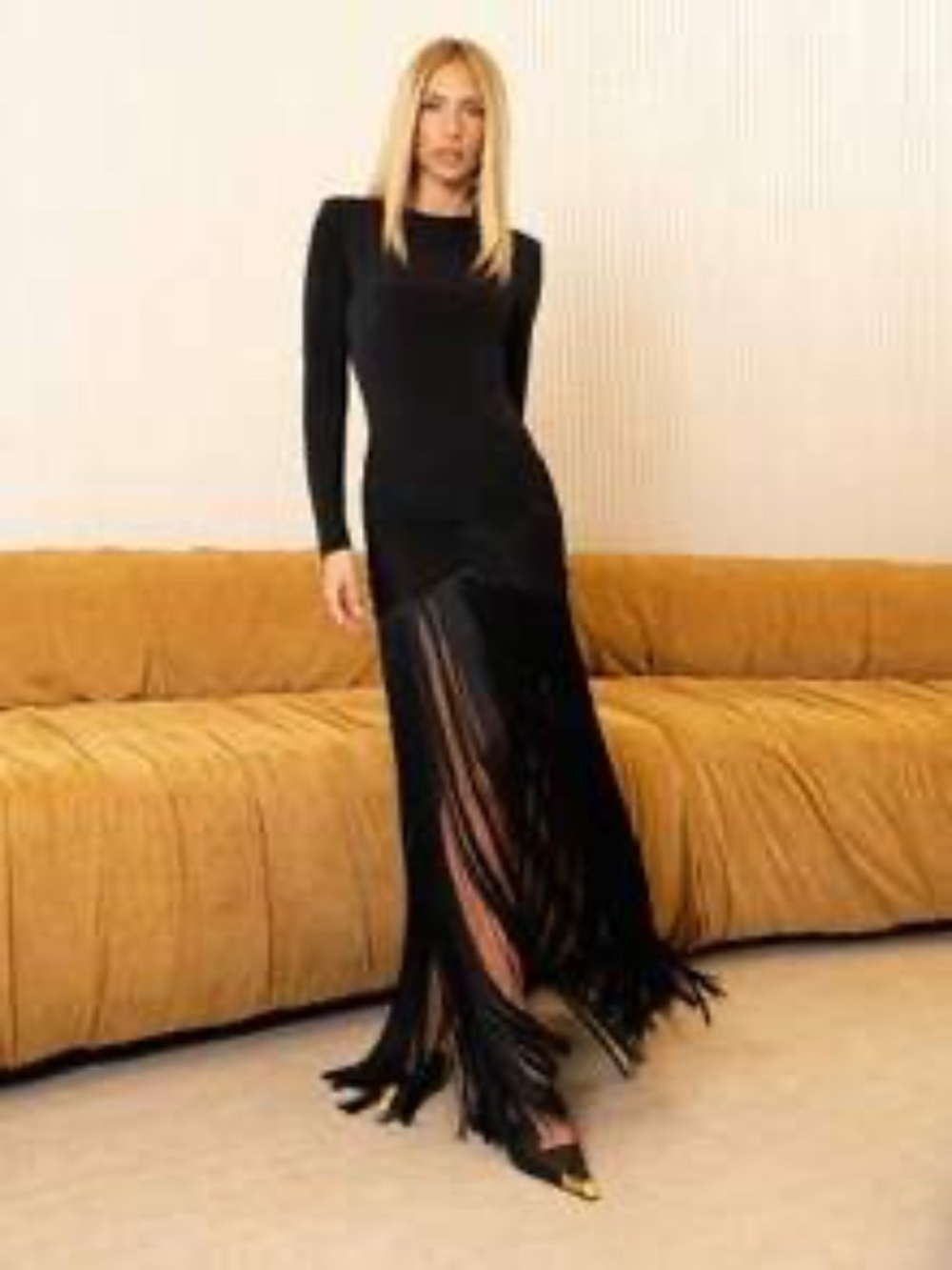 Black Crew Neck Long Sleeve Ruched High Slit Fringe